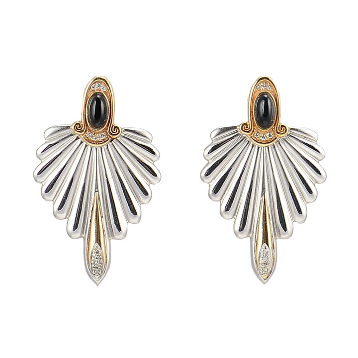 Silver and Yellow Gold Earrings With Onyx and Diamonds by Erté