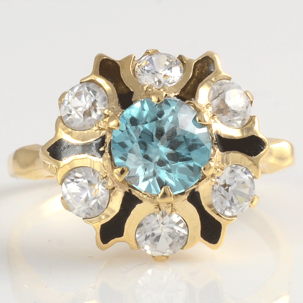 Blue and White Zircon 14K Gold Ring With Enamel Accents