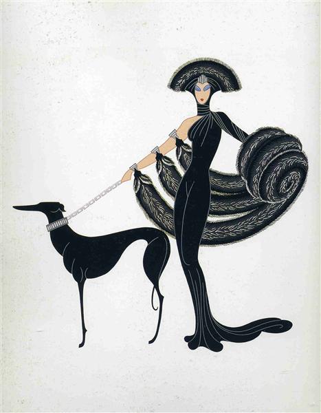 “Costume Design: A Woman Dressed in Black, With Furs, Hat And Dog On A Lead”