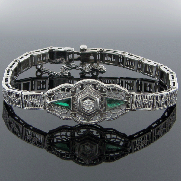 Art Deco Diamond and Emerald Filigree Bracelet