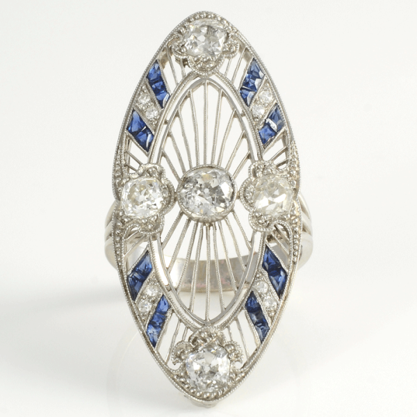 Art Deco Statement Ring With Diamonds and Sapphires