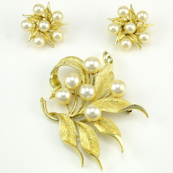 Faux Pearl Costume Earrings and Brooch by Emmons