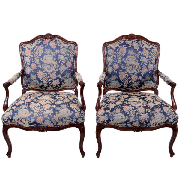 American Pair of Carved Walnut Arm Chairs, circa 1940