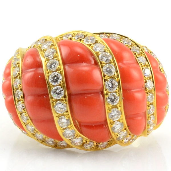 18K Gold Coral and Diamond Ring