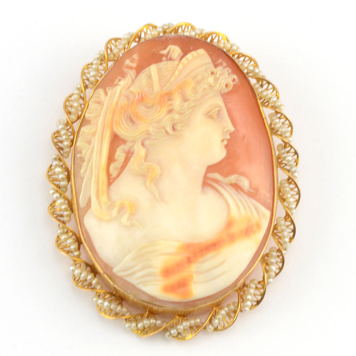 Shell Cameo With Seed Pearls