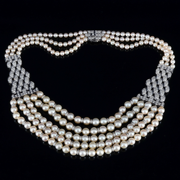 Multi Strand Pearl and Diamond Necklace