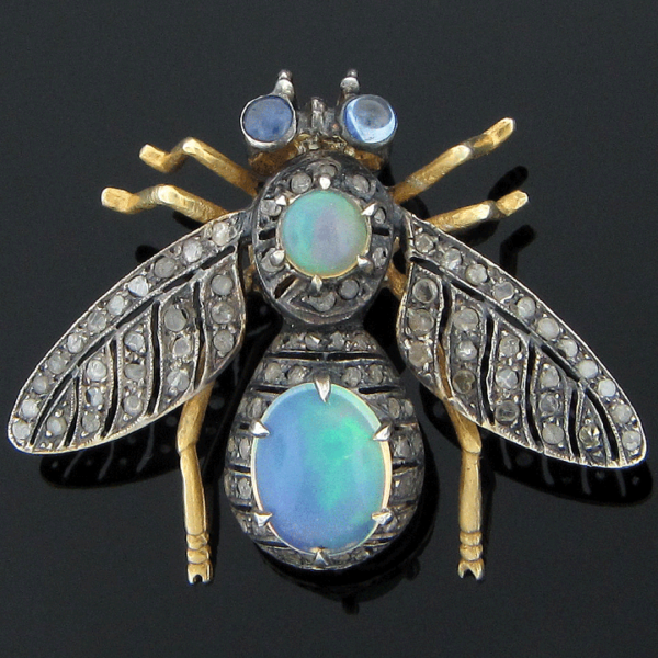 9K Gold Opal, Diamond and Sapphire Bee Pin