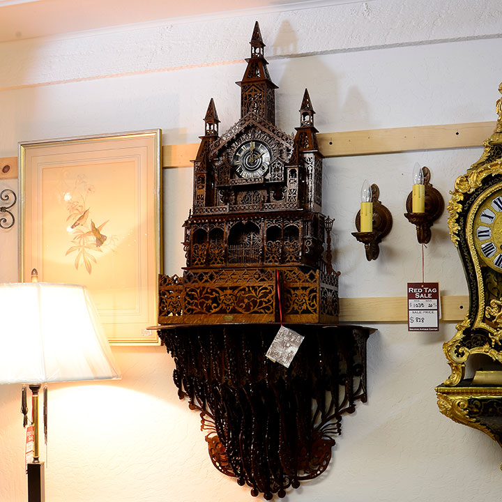 American-German Gothic Hand-Carved Fretwork Clock