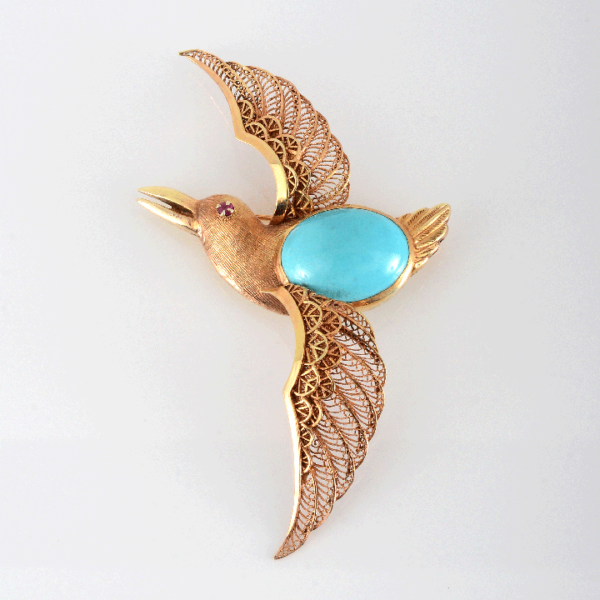 Rose Gold Turquoise and Ruby Bird Brooch