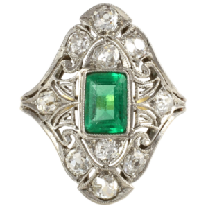 Platinum Edwardian Emerald and Diamond Ring