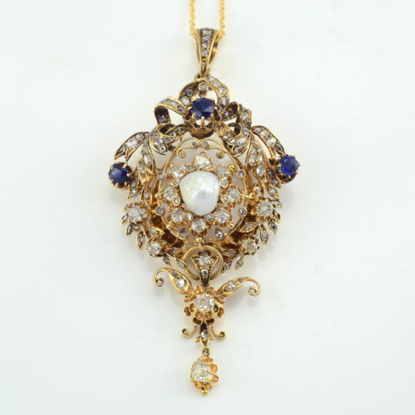 Pearl, Sapphire and Diamond 18K Gold Pendant or Brooch