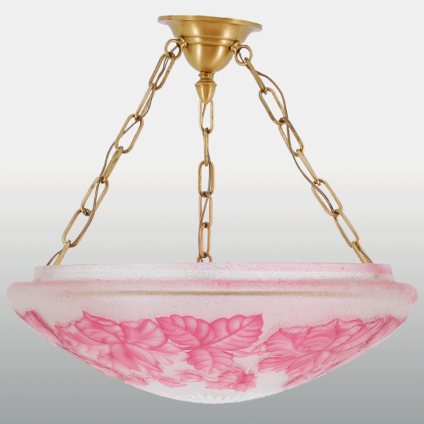 Three Light Dome Ceiling Fixture with Cameo Floral Cranberry Glass, circa 1915