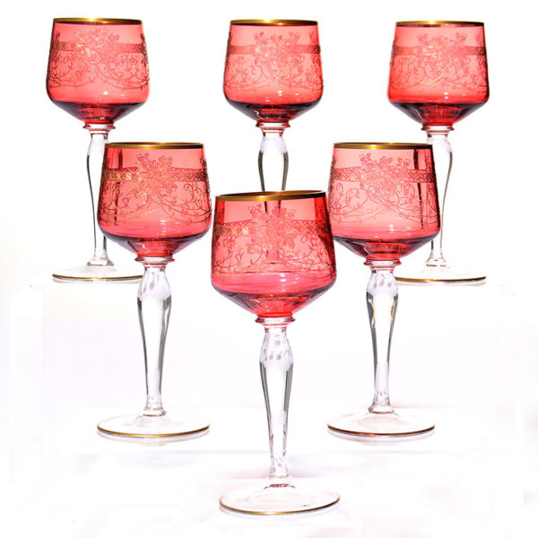 Set of Six Gilt Cranberry Glass Wine Glasses, circa 1900
