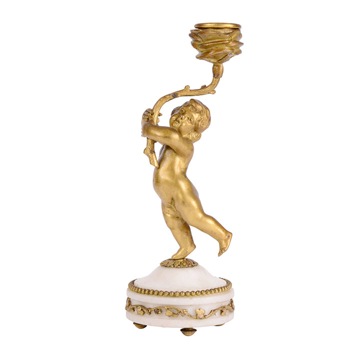 Putti & Floral Gilt Bronze Candle Holder on Marble Base