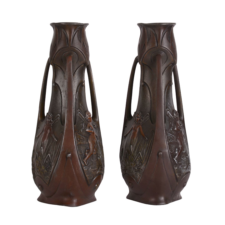 James Garnier Art Nouveau Pair Bronze Winged Fairy Vases