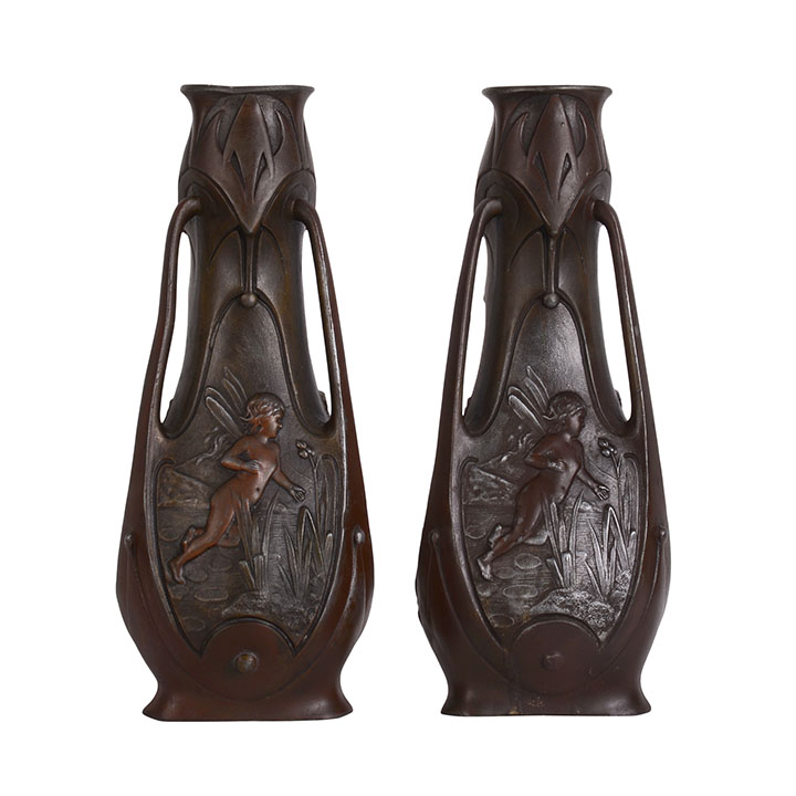 James Garnier Art Nouveau Pair Bronze Winged Fairy Vases