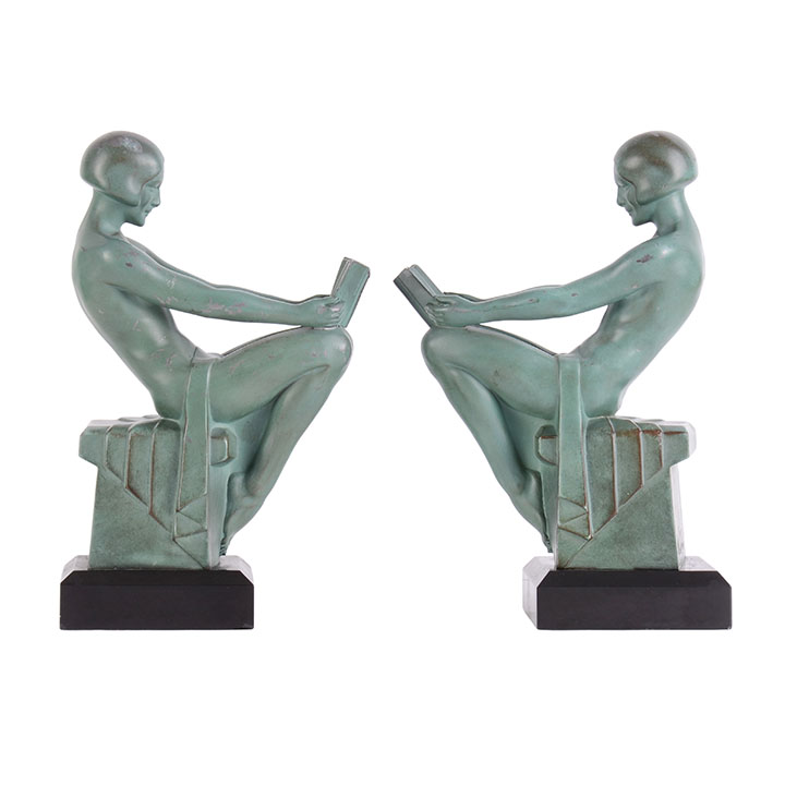M Le Verrier Bronze Pair Art Deco Reading Ladies Bookends