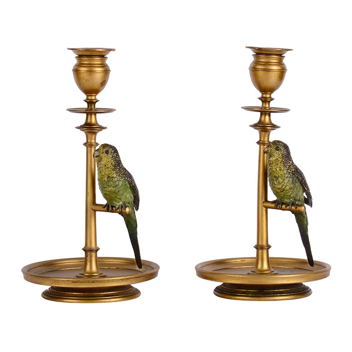 Bronze Pair Budgie Parakeet Candle Holders