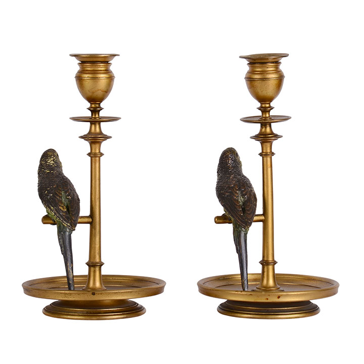 Bronze Pair Budgie Parakeet Candle Holders