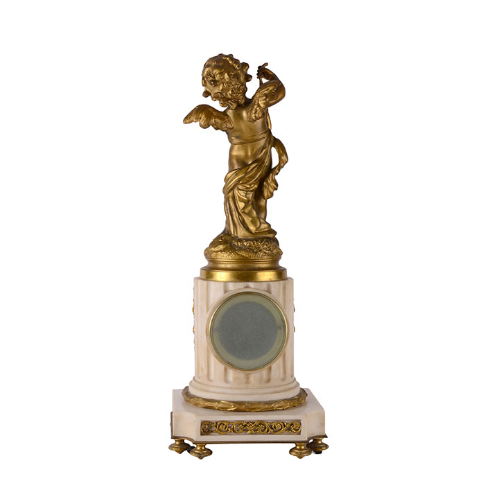 Bronze Cherub Atop Marble Pillar Clock