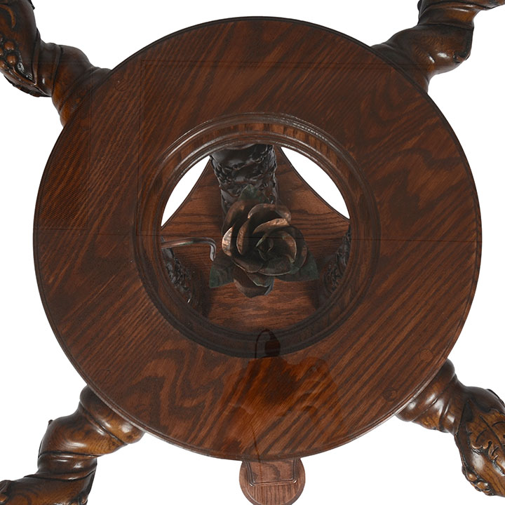 Carved Oak Glass Top Pedestal Table