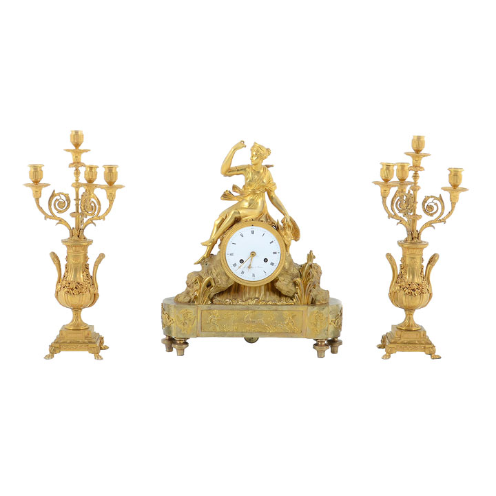 French Gilt Three Piece Garniture Clock Signed H I Chatelain