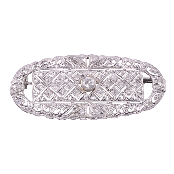 Art Deco Filigree Diamond Platinum Brooch