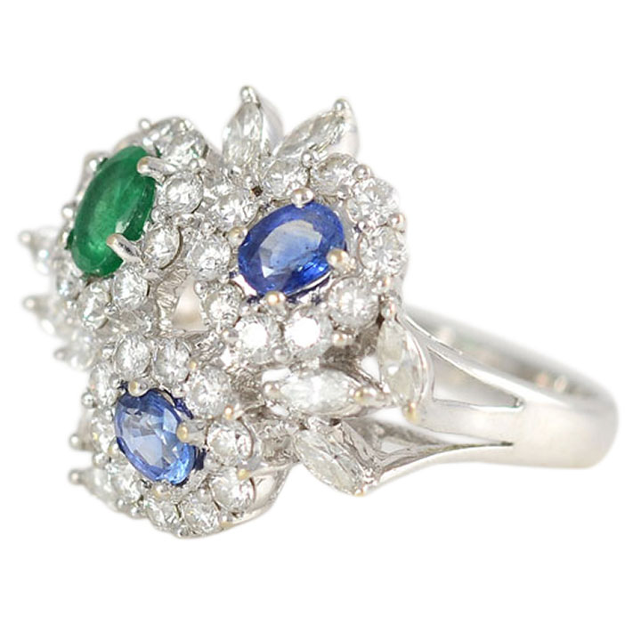 1.37 CTW Diamond Ring with Sapphires and Emerald