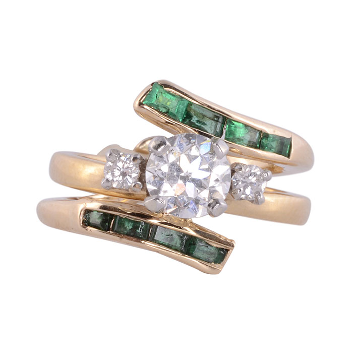 emerald bypass diamond wedding set