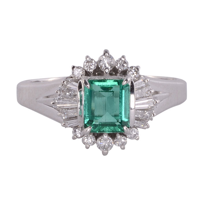 Platinum Center Emerald Cut Emerald and Diamond Ring
