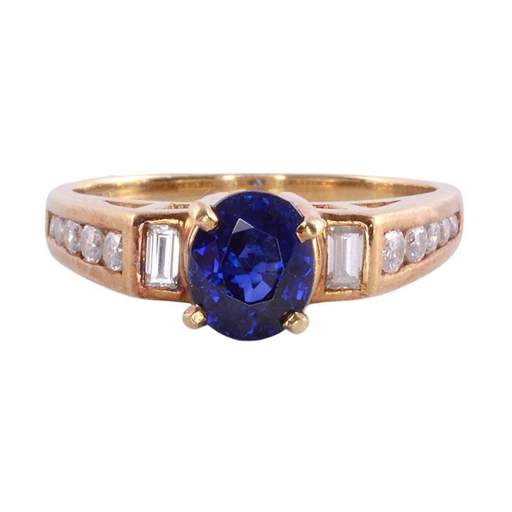 Oval Sapphire & Baguette Diamond 18K Ring