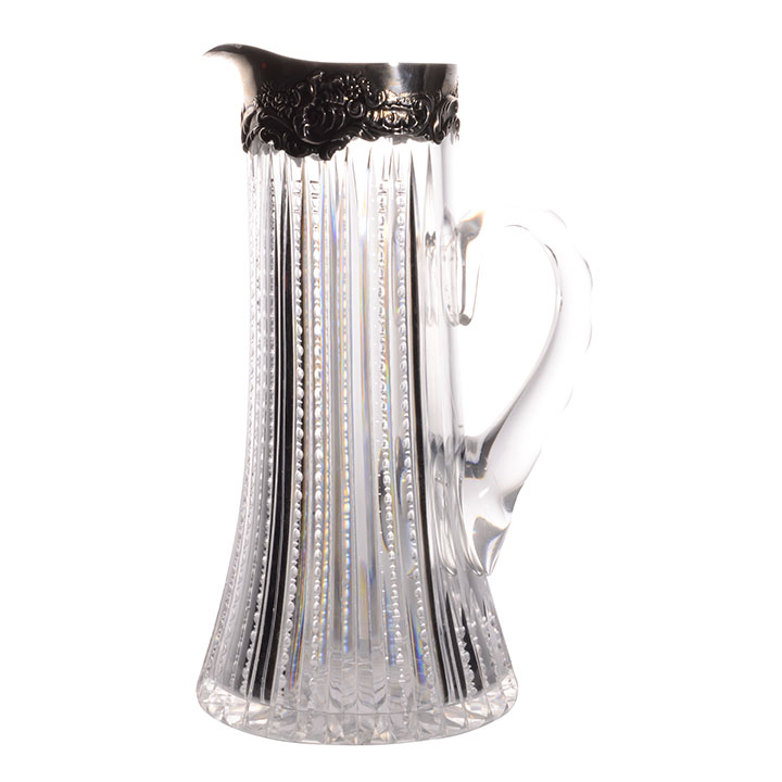 Mauser Mfg Cut Crystal Pitcher With Sterling Silver Rim