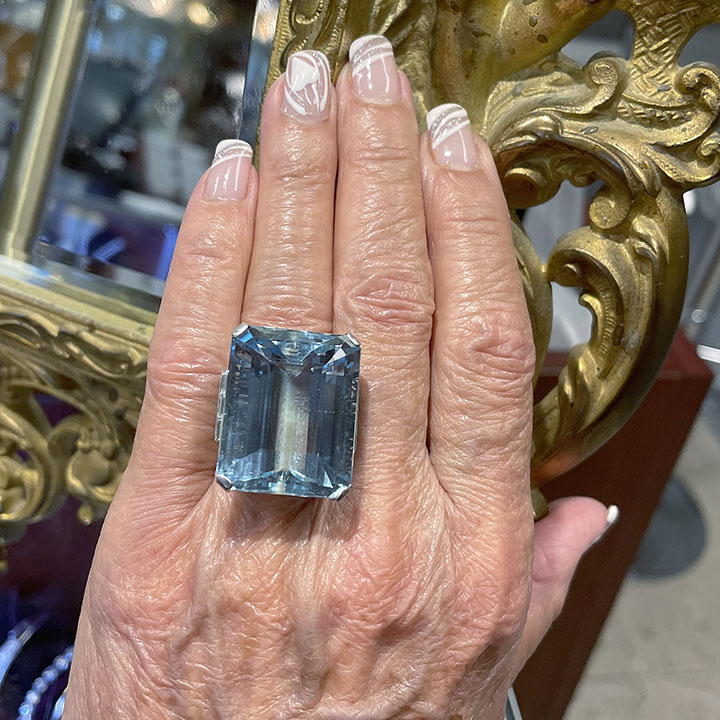 46.88 Carat Aquamarine And Diamond Platinum Ring