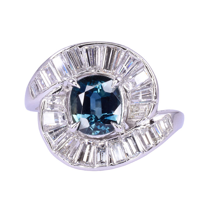Green Blue Sapphire Platinum Ring