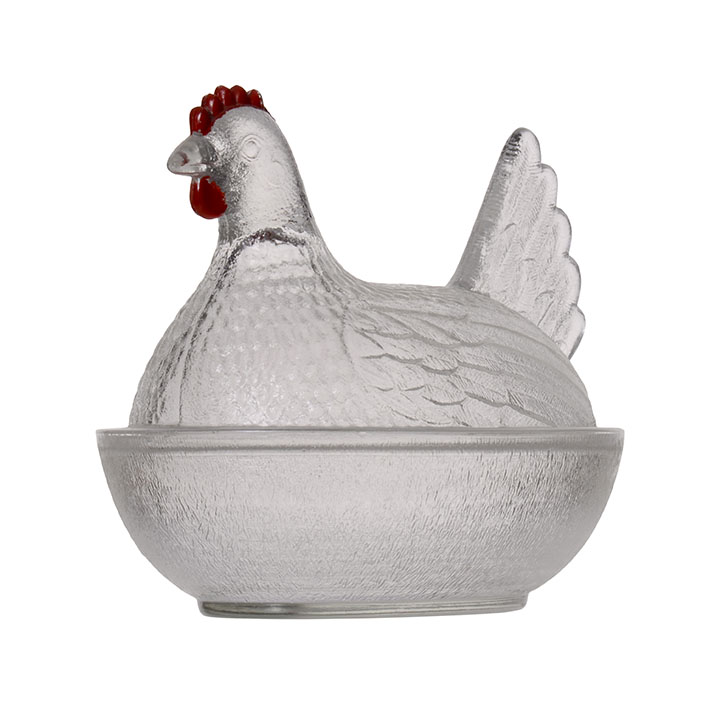Indiana Glass Hen on Nest Clear Glass with Red Cone