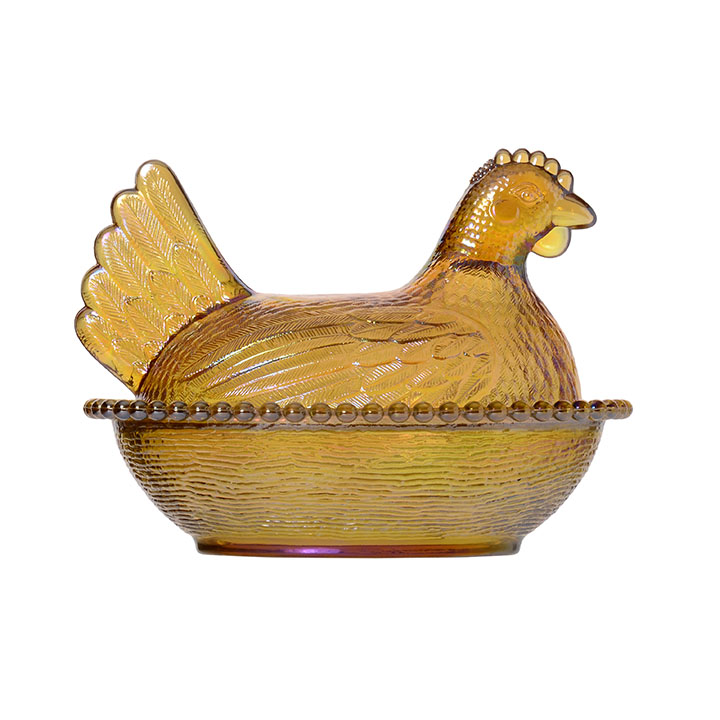 Indiana Glass Iridescent Gold Hen on a Nest Candy Dish