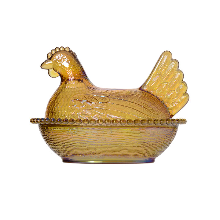 Indiana Glass Iridescent Gold Hen on a Nest Candy Dish