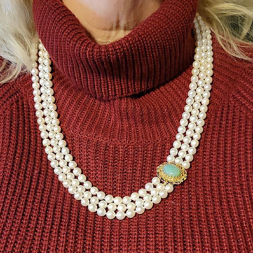 Three Strand Pearl Necklace with Jade Clasp