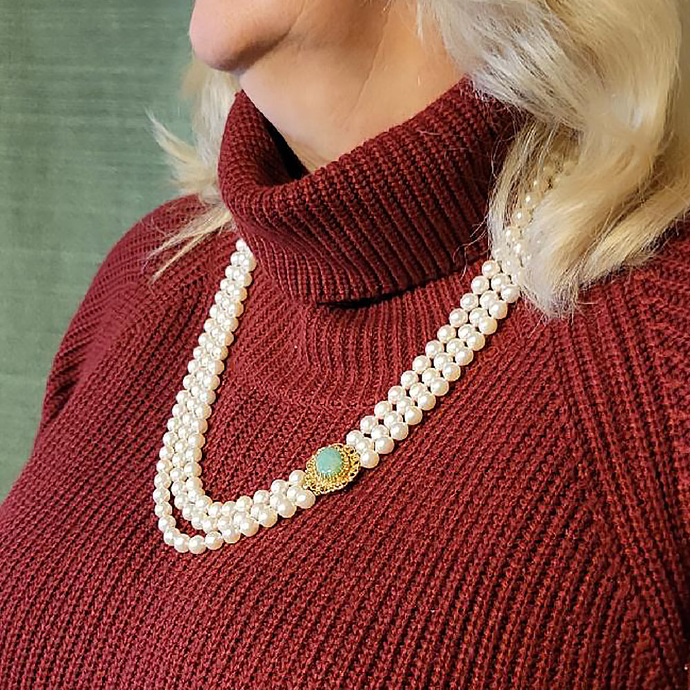 Three Strand Pearl Necklace with Jade Clasp