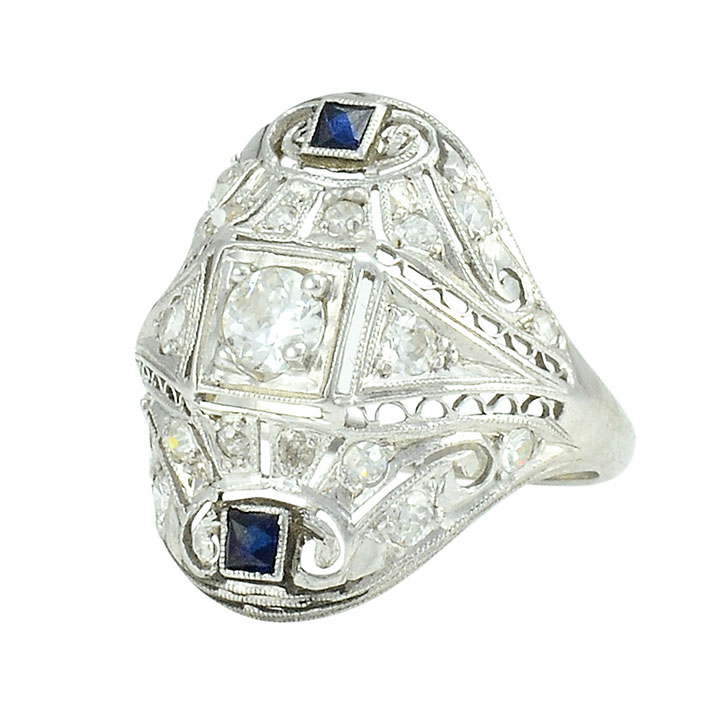 0.63 CTW Diamond and Sapphire Platinum Art Deco Ring