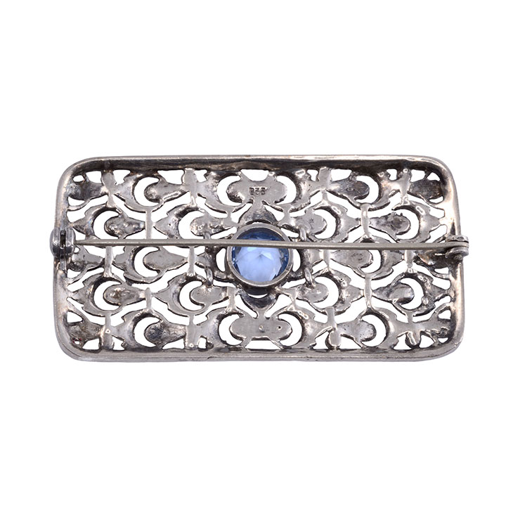 Marcasite & Blue Stone Sterling Silver Brooch