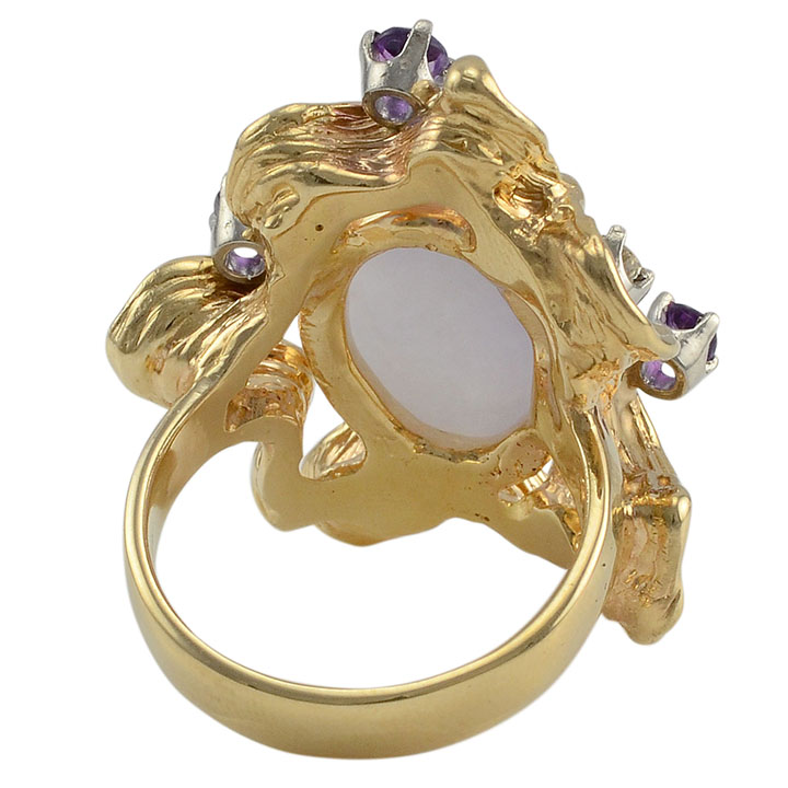 14K Yellow Gold Lavender Jadeite, Diamond and Amethyst Ring