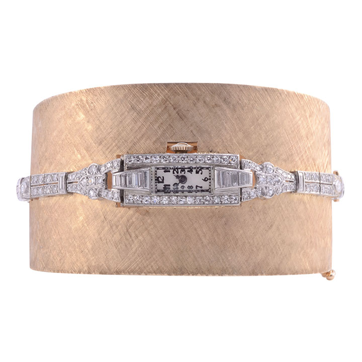 Platinum Gold & Diamond Cuff Bracelet Wrist Watch