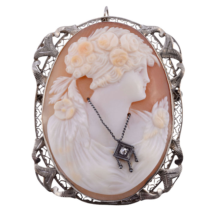 Shell Cameo Pendant or Brooch in Sterling Silver Frame