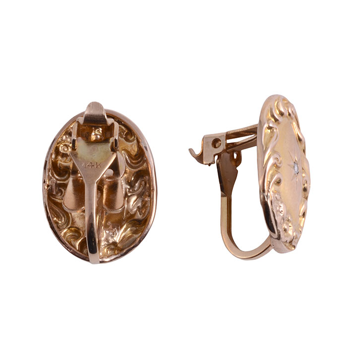 Rose Cut Diamond Engraved Oval Clip Earrings