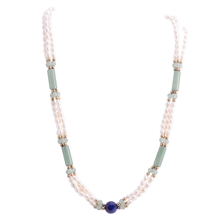 Freshwater Pearl, Lapis Lazuli & Green Quartz Necklace