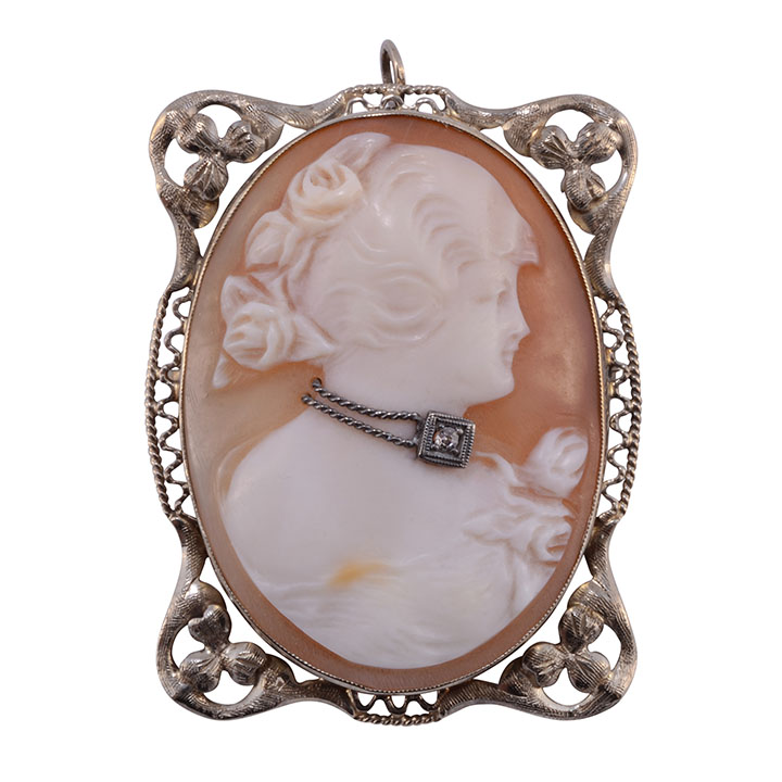Shell Cameo Pin or Pendant of Woman with Diamond Necklace