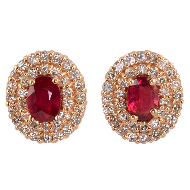 Oval Ruby and Diamond Rose Gold Earrings