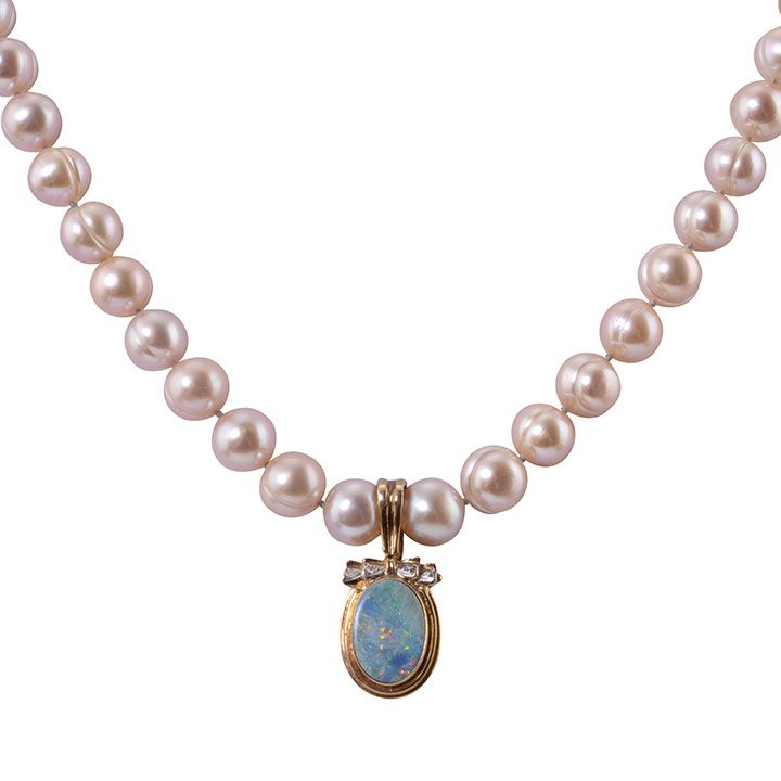 Opal Enhancer Pendant on Pearl Necklace