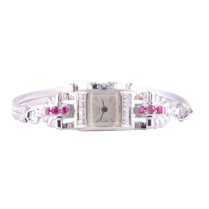 Nicolet Syn Ruby & Diamond Ladies White Gold Wrist Watch